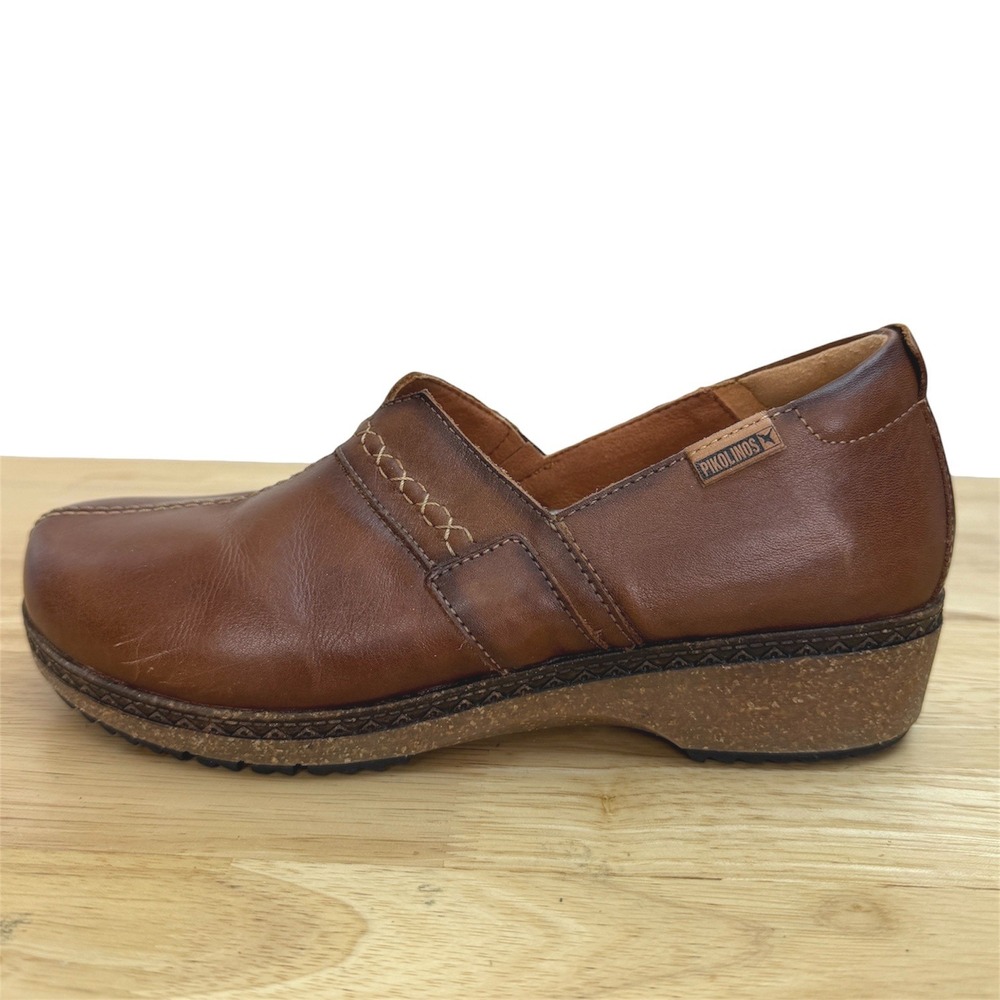 Pikolinos Granada Spanish Leather Clogs Women 39 Brown Slip On Whipstitch Wedge